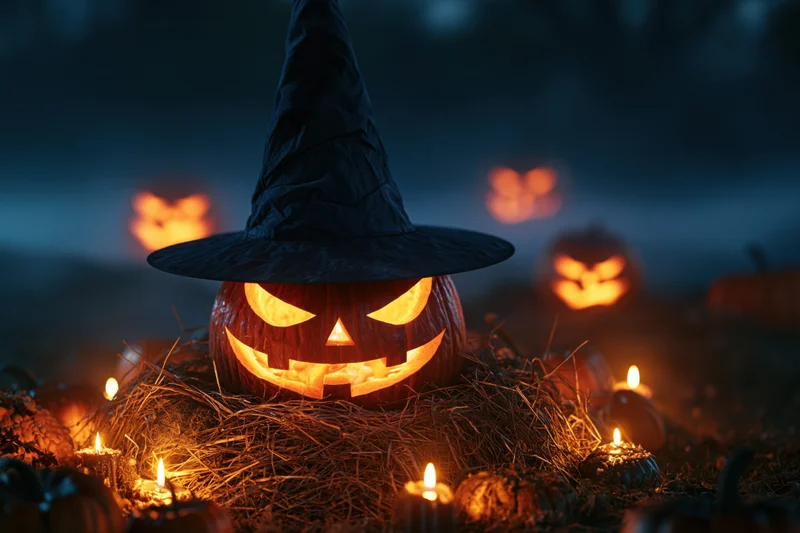Carved jack-o-lantern wearing a witch hat glowing in hay surrounded by candles at night