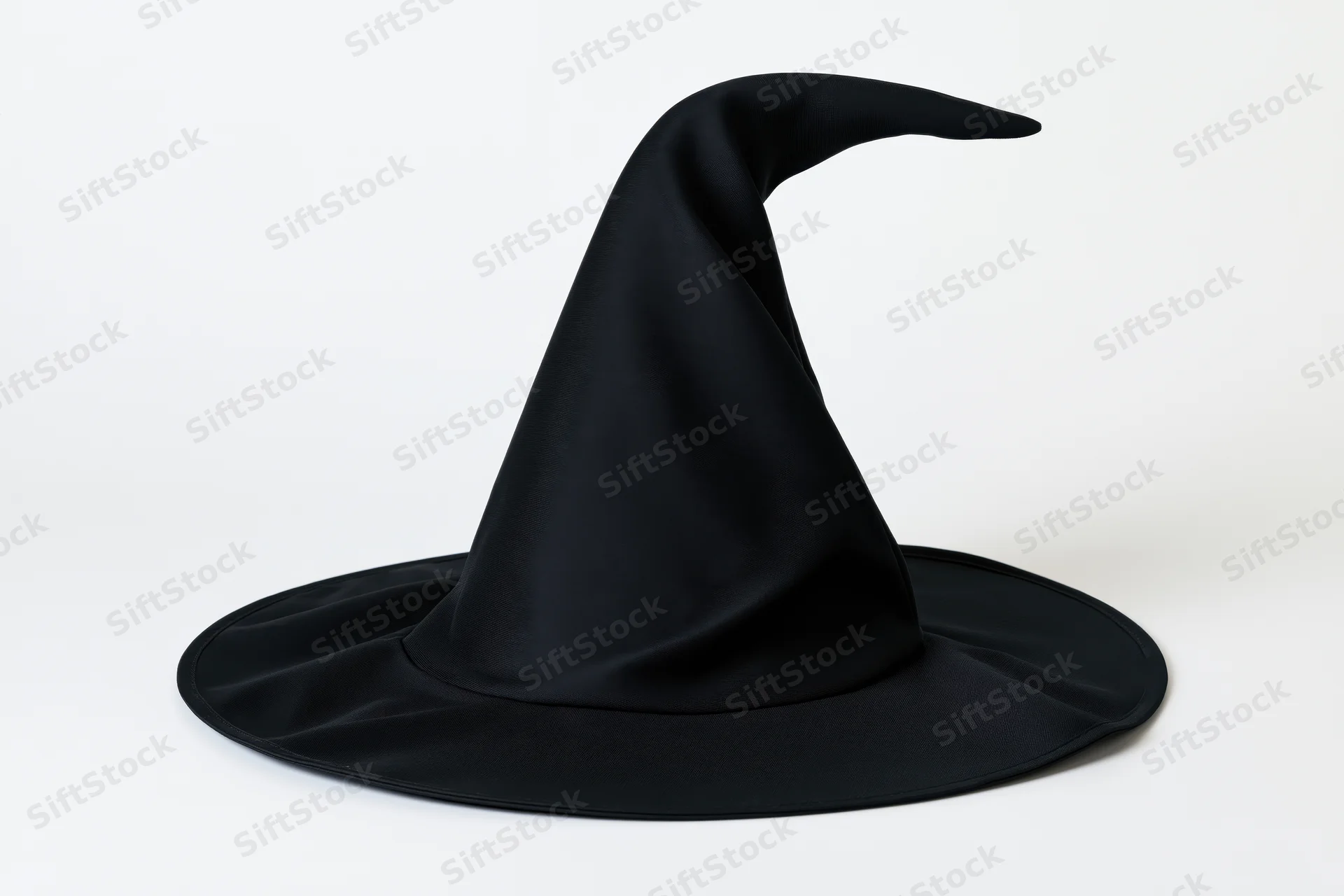 Black witch hat with tall curved pointed crown on white background