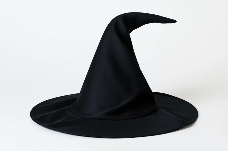 Black witch hat with tall curved pointed crown on white background