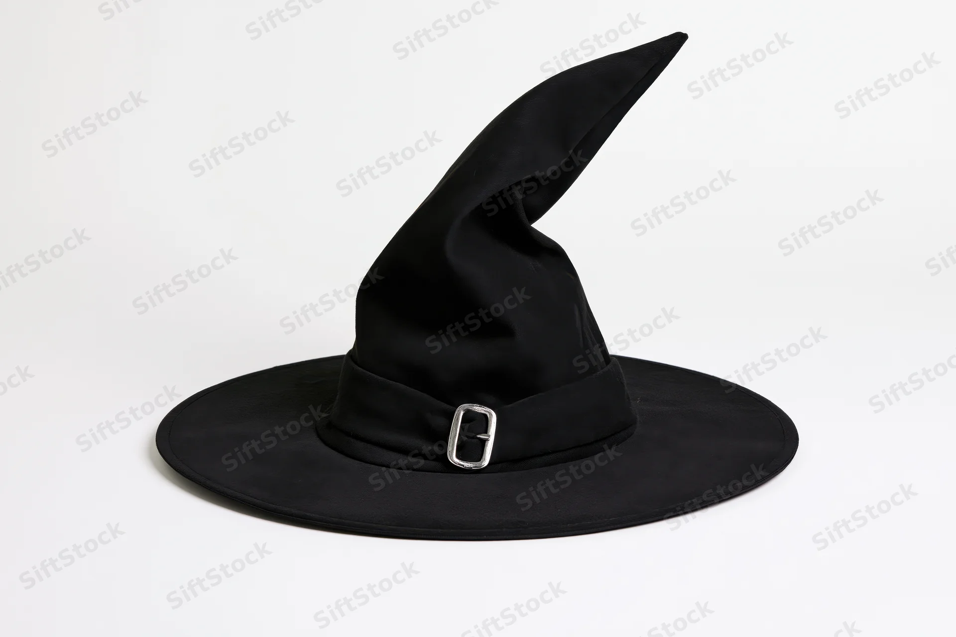 Black witch hat with tall pointed crown and wide brim on white background