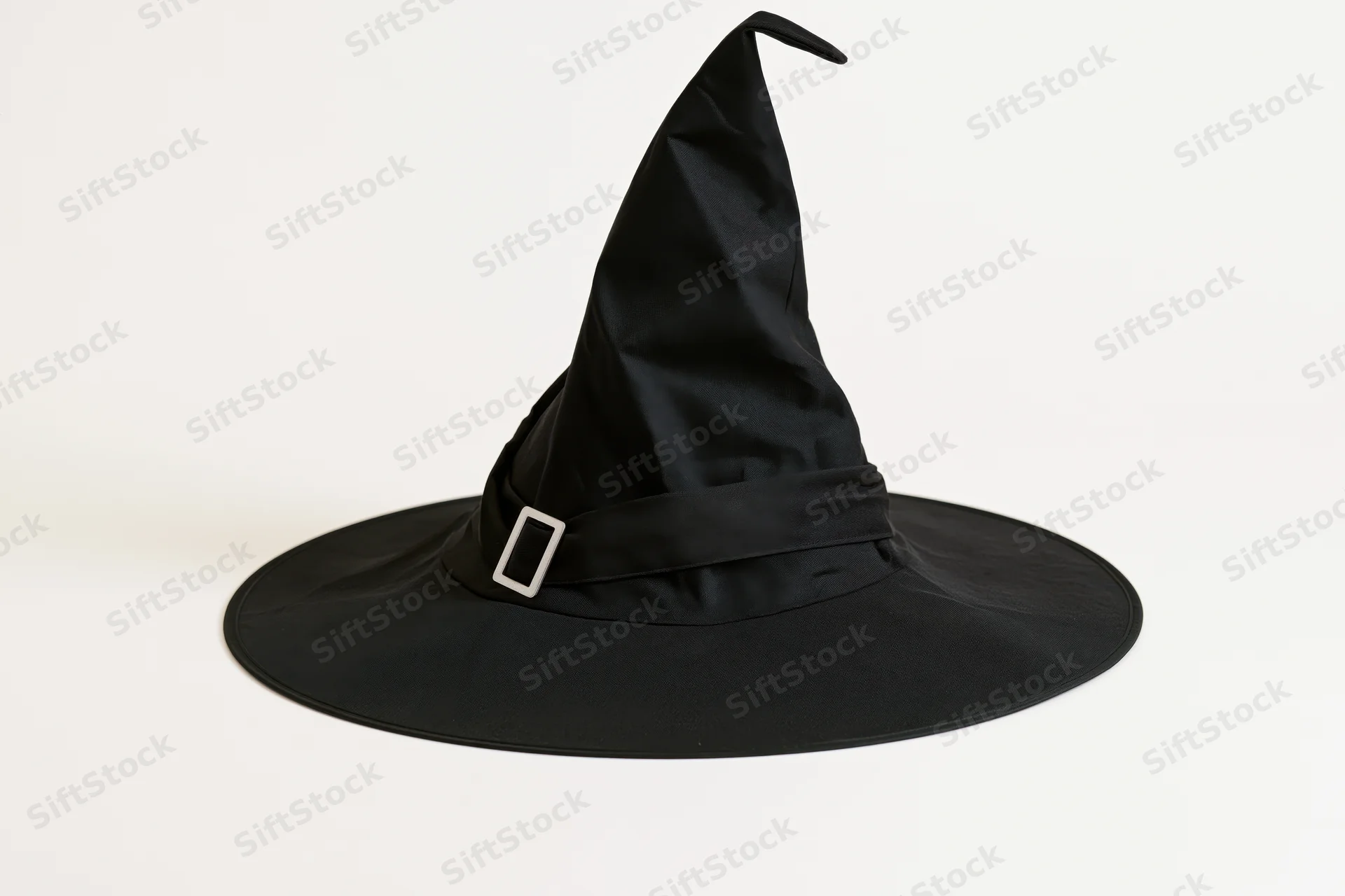 Black witch hat with tall pointed crown and wide brim on white background