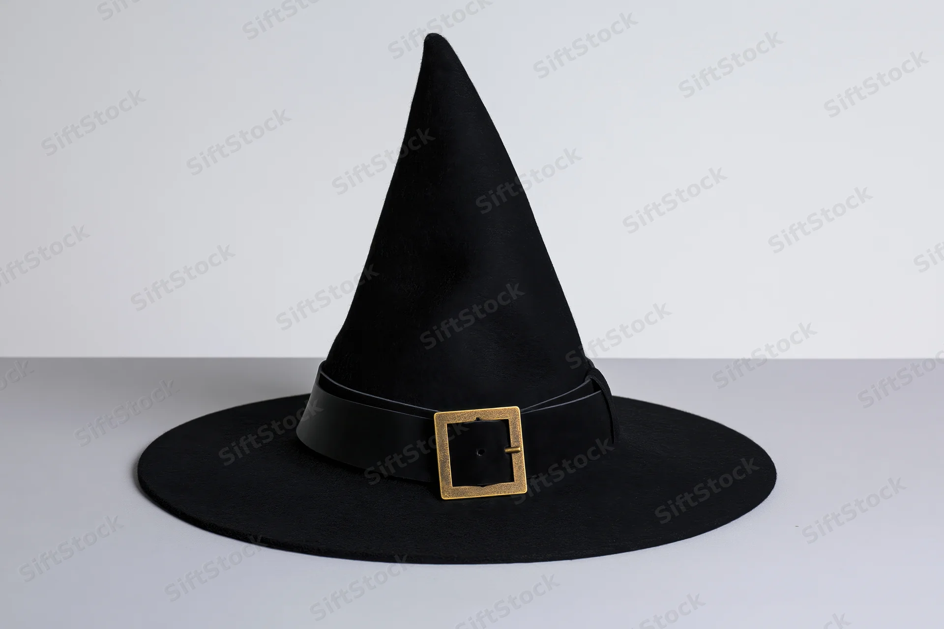 Black witch hat with tall pointed crown and wide brim on white surface