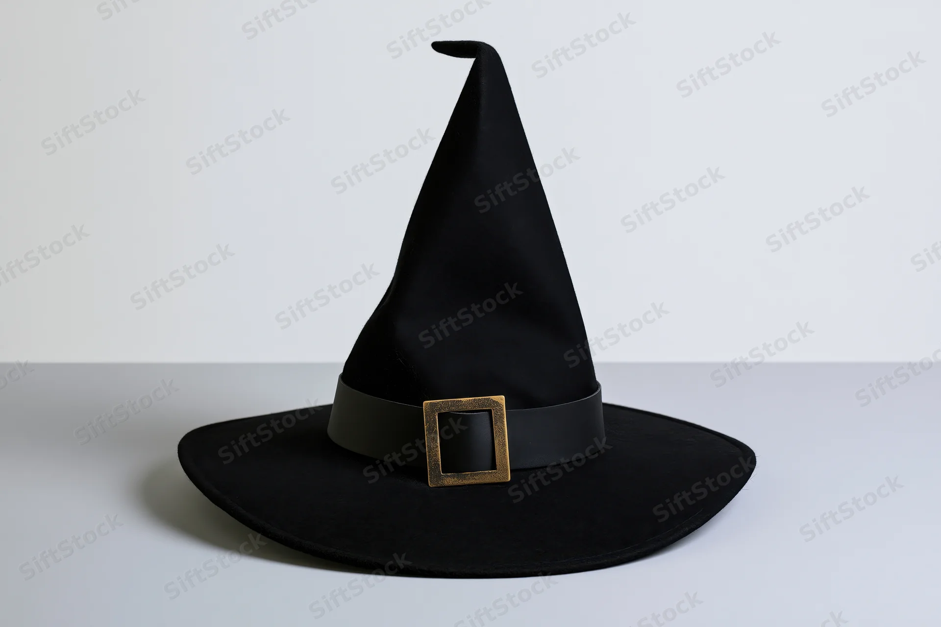 Black witch hat with tall pointed crown and wide brim on white surface