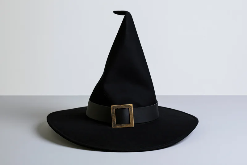 Black witch hat with tall pointed crown and wide brim on white surface