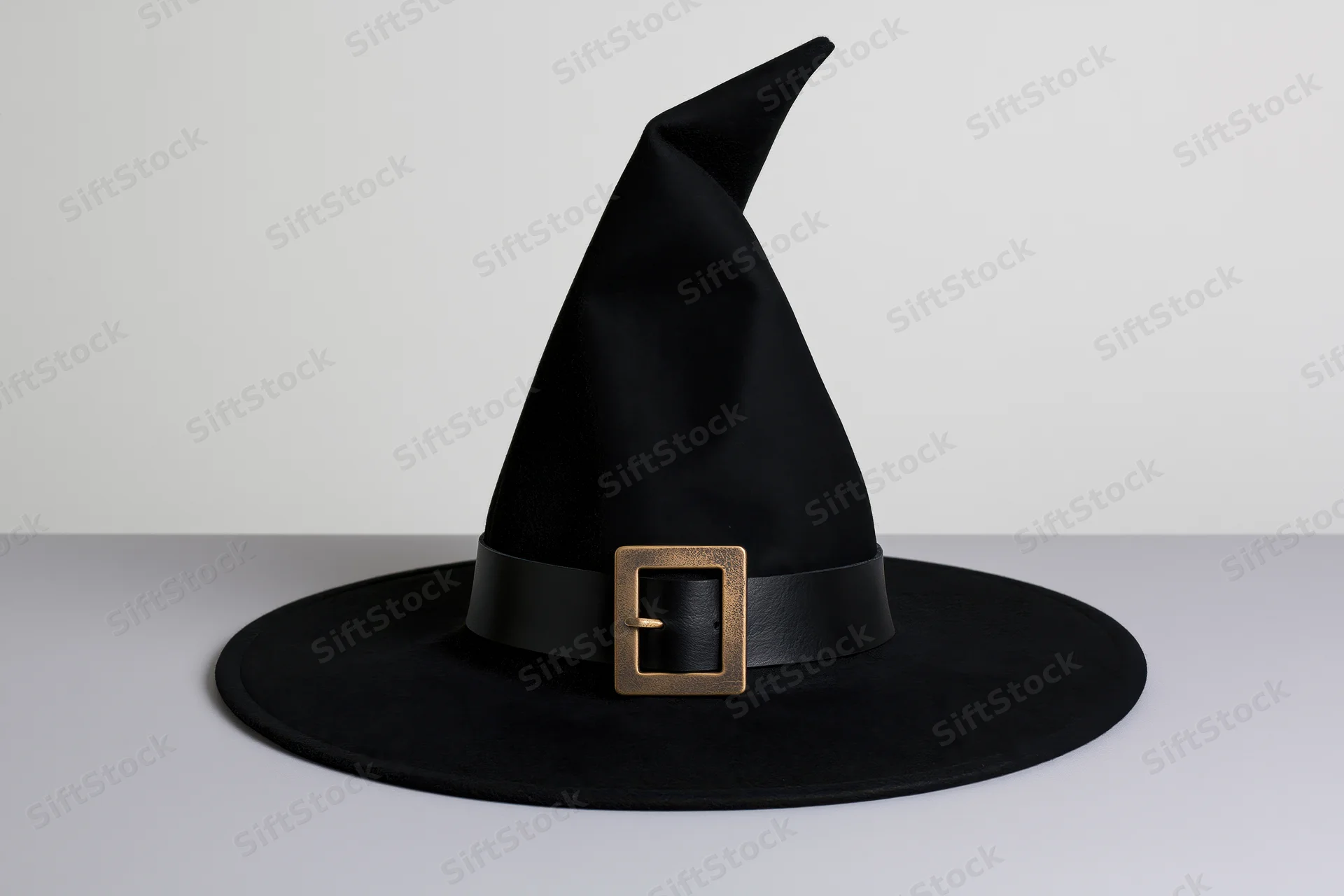 Black witch hat with tall pointed crown and wide brim on white surface
