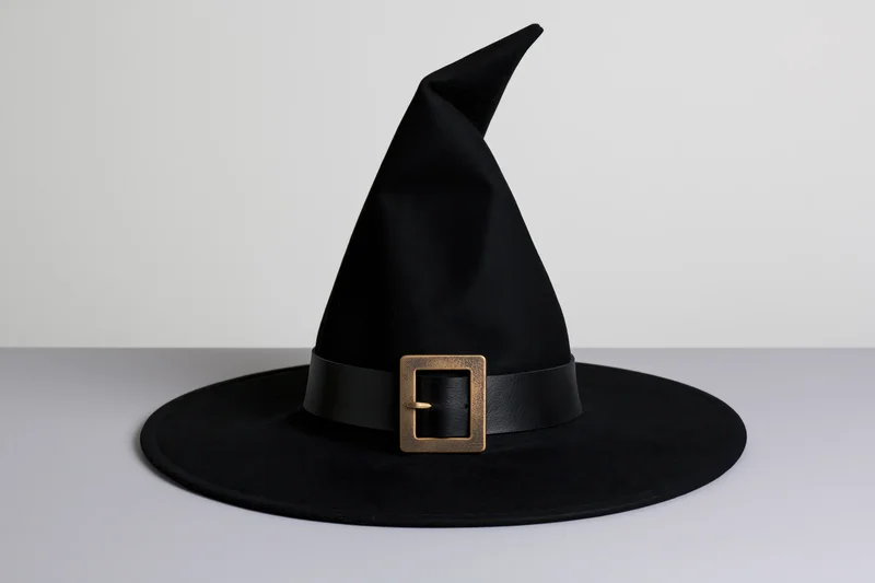 Black witch hat with tall pointed crown and wide brim on white surface