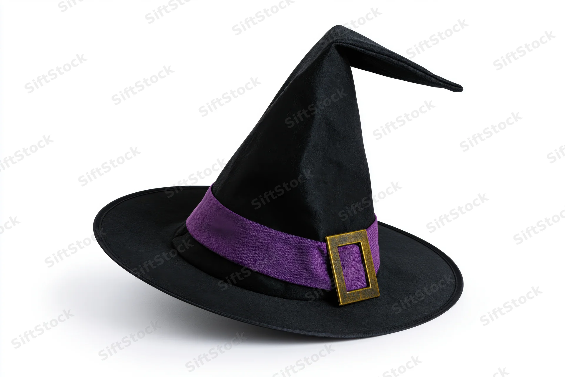 Black witch hat with purple band and gold buckle on white background
