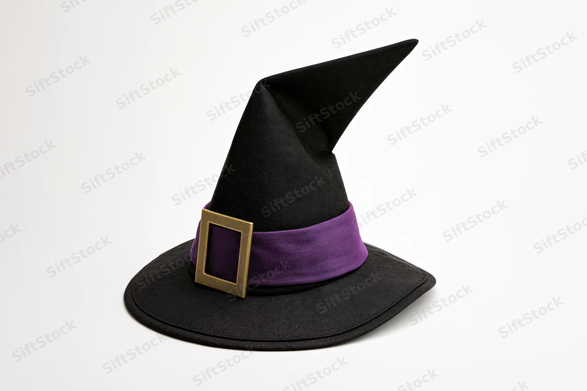 Black witch hat with purple band and gold buckle on white background