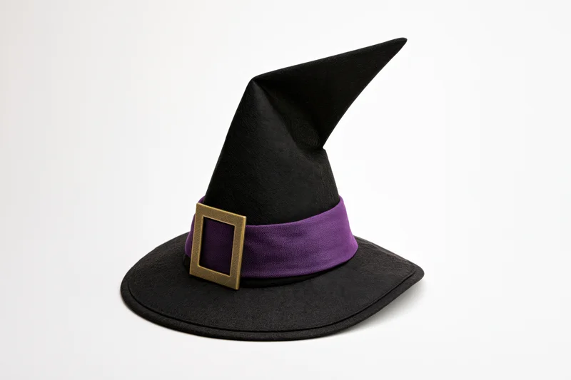 Black witch hat with purple band and gold buckle on white background