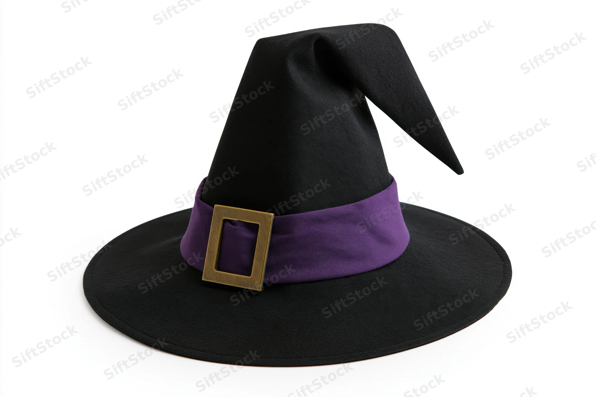 Black witch hat with purple band and gold buckle on white background