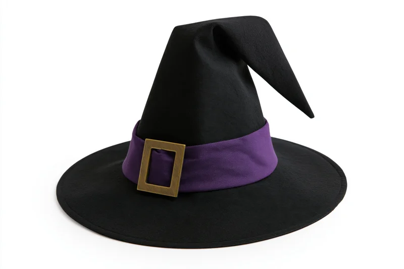 Black witch hat with purple band and gold buckle on white background