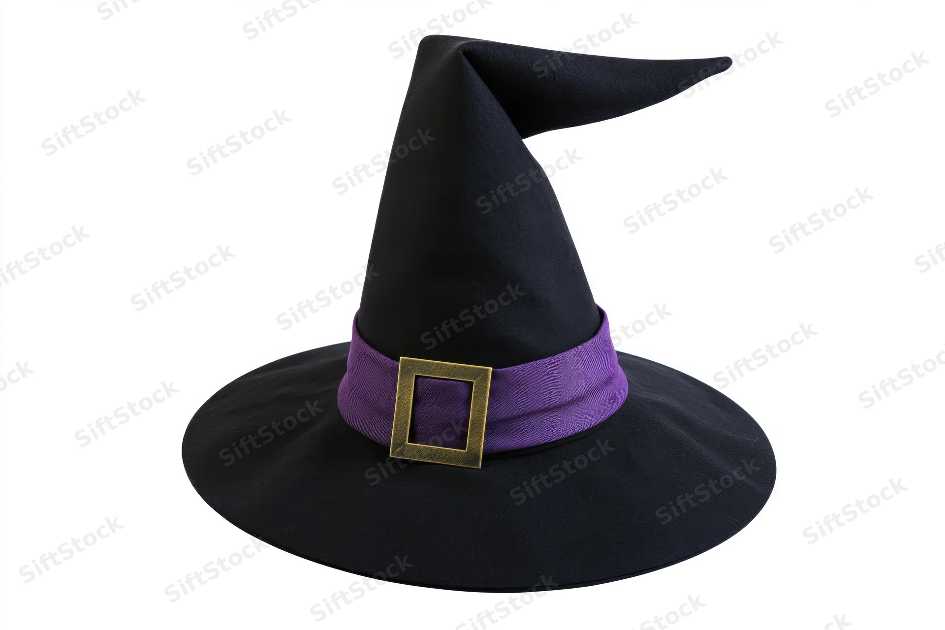Black witch hat with purple band and gold buckle on white background