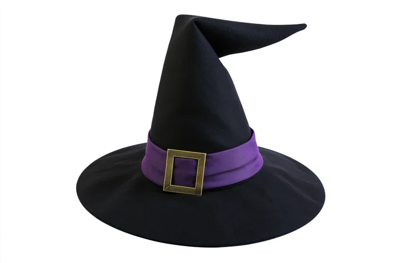 Black witch hat with purple band and gold buckle on white background
