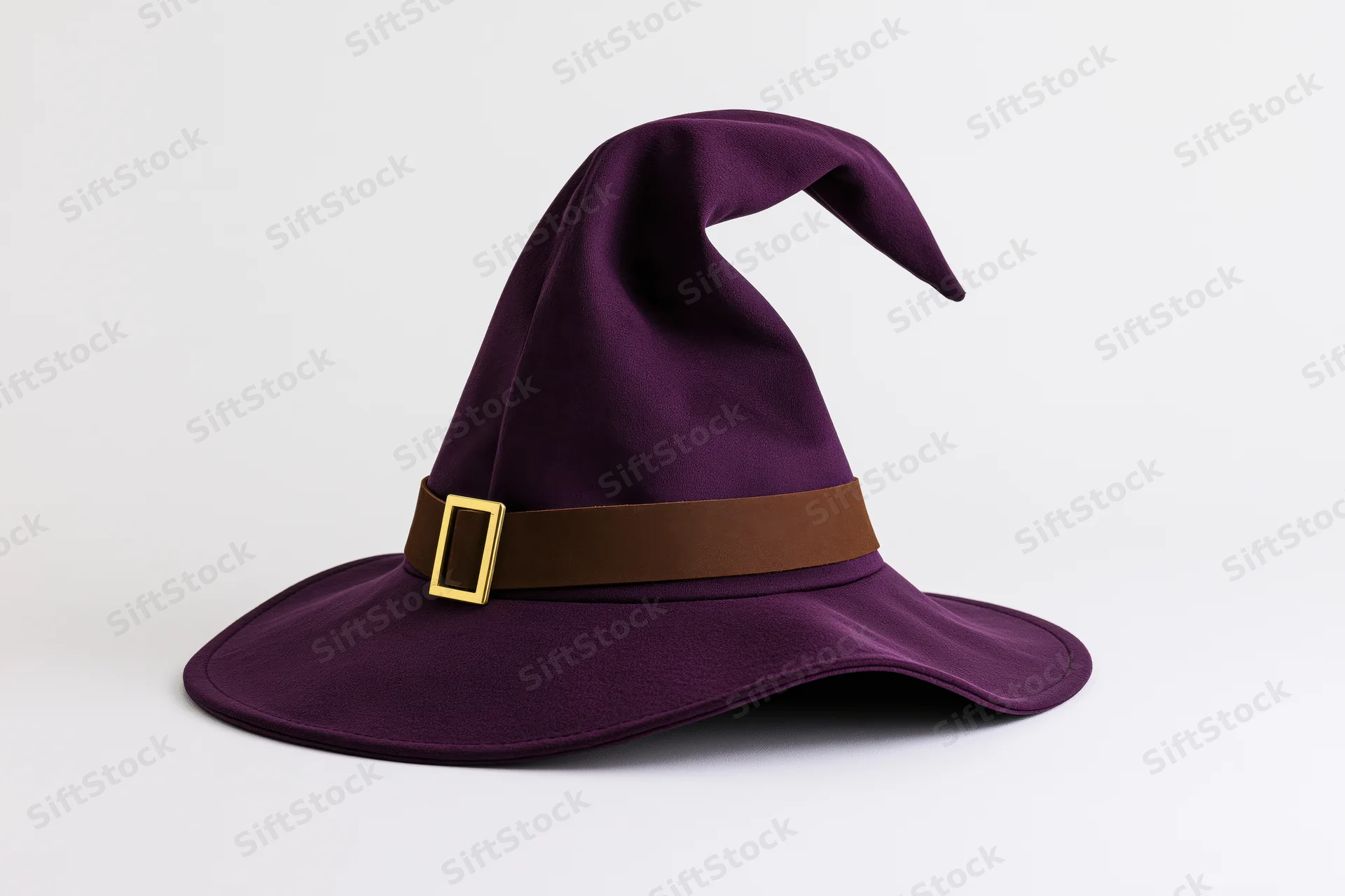 Purple pointed witch hat with brown band and gold buckle isolated on white background