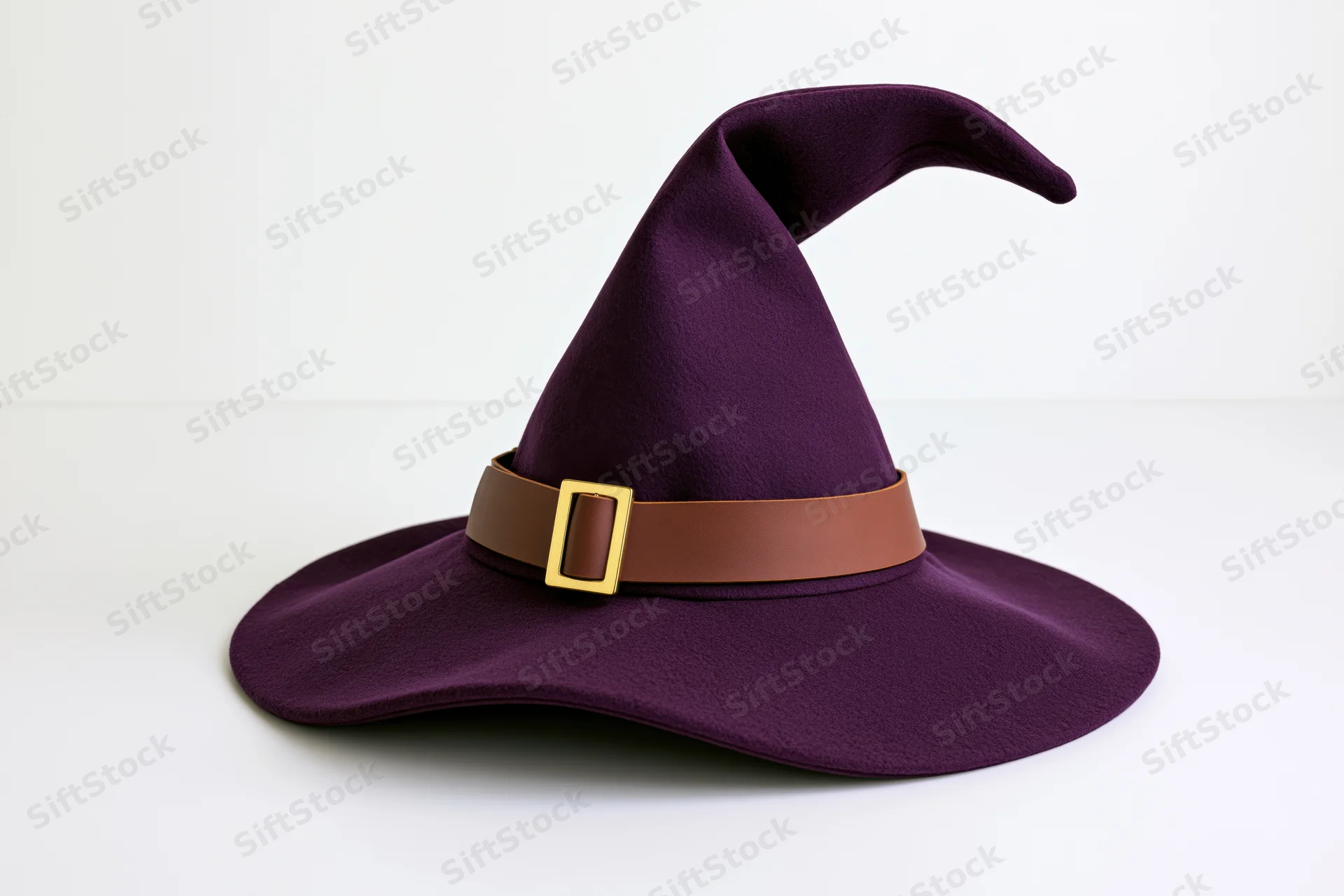 Purple pointed witch hat with brown belt and gold buckle isolated on white background