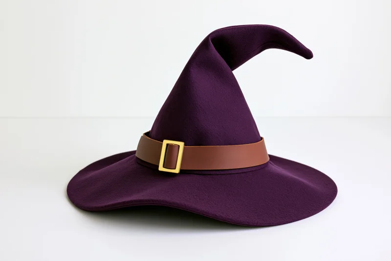 Purple pointed witch hat with brown belt and gold buckle isolated on white background