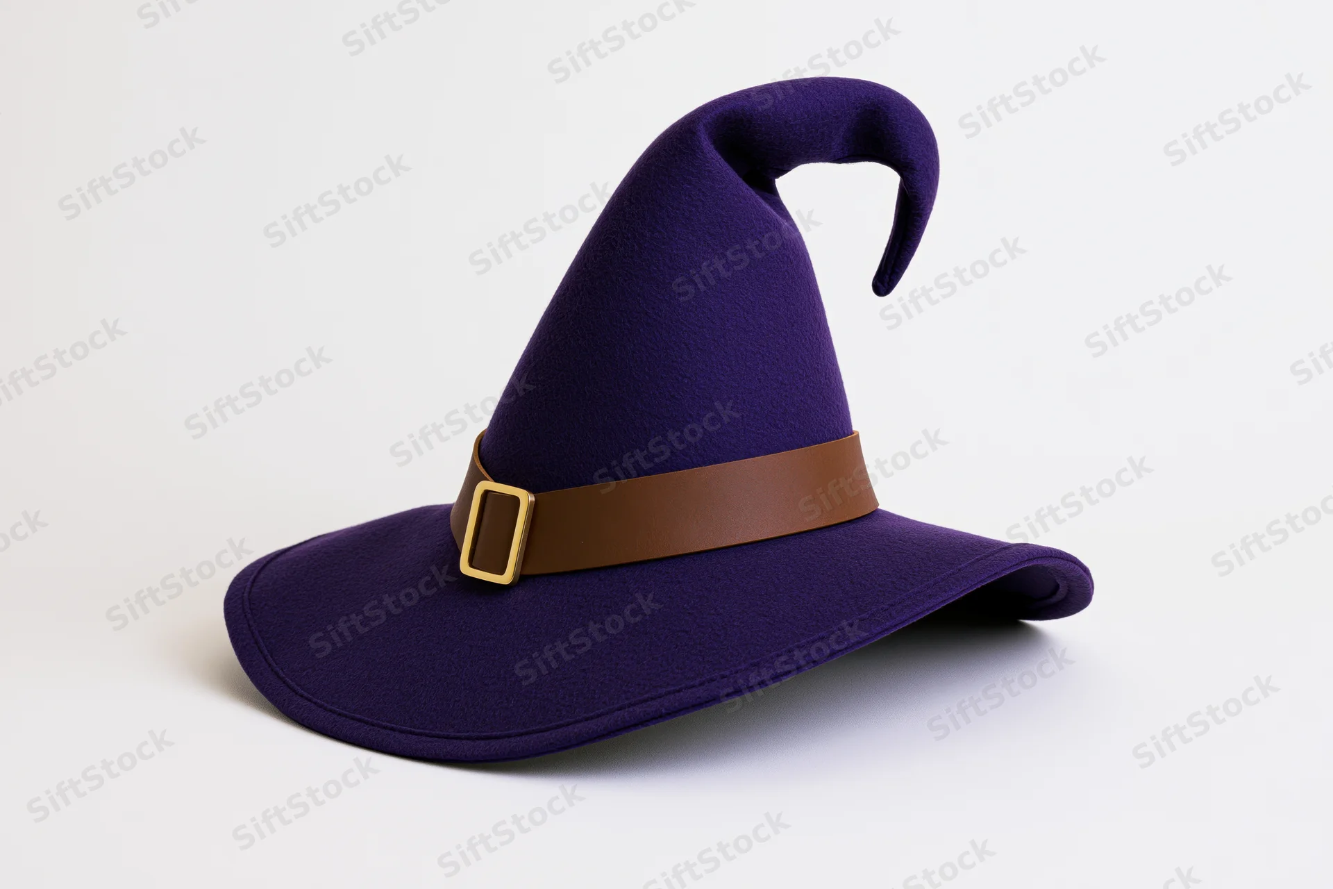Purple pointed witch hat with brown leather band and gold buckle isolated on white background