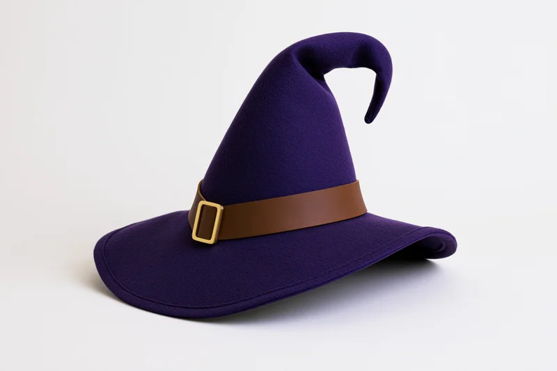 Purple pointed witch hat with brown leather band and gold buckle isolated on white background