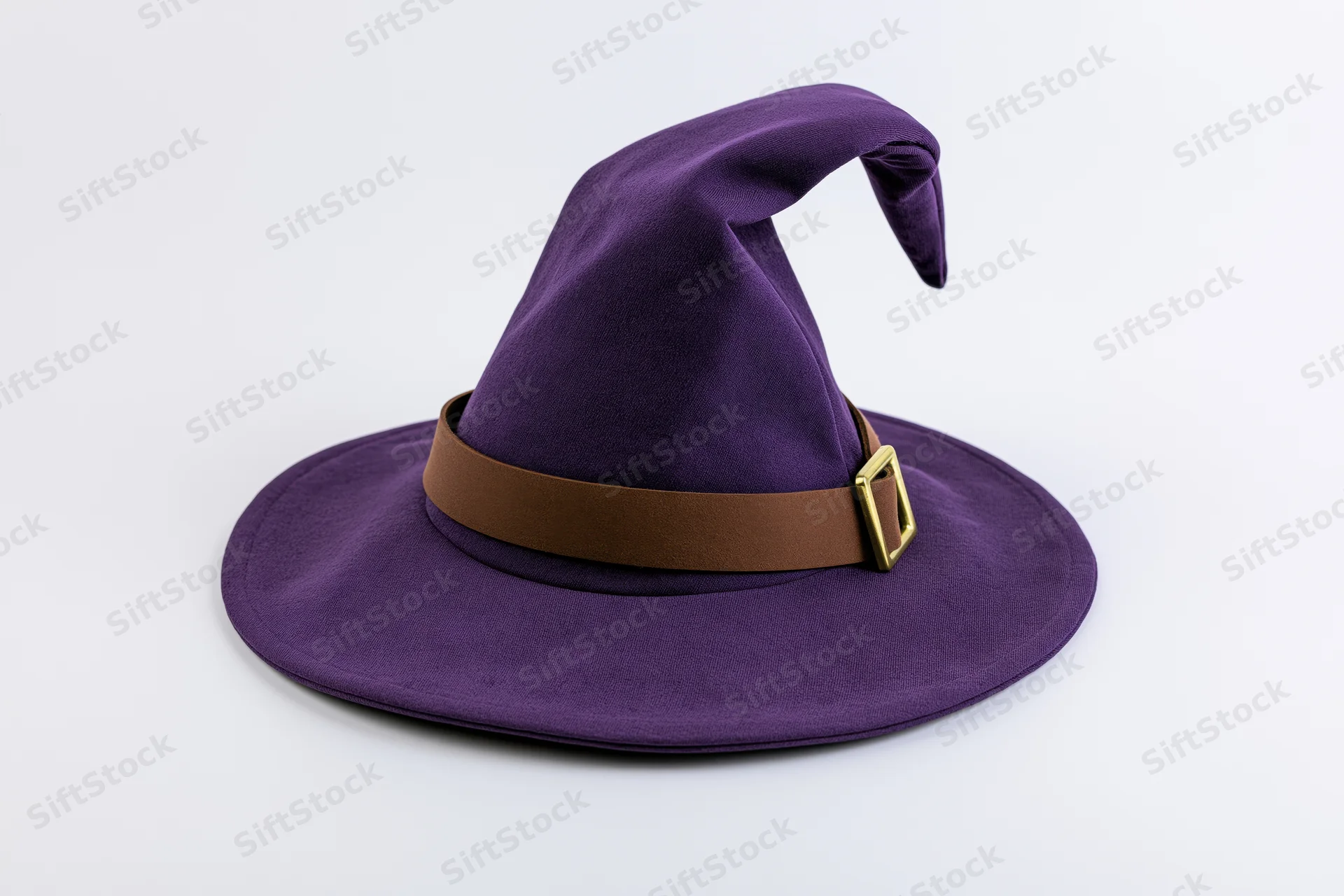 Purple pointed witch hat with brown band and gold buckle isolated on white background