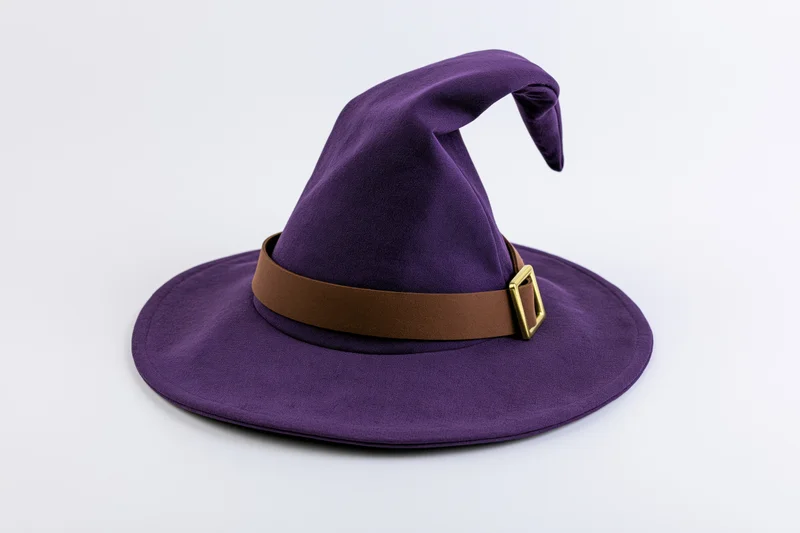 Purple pointed witch hat with brown band and gold buckle isolated on white background