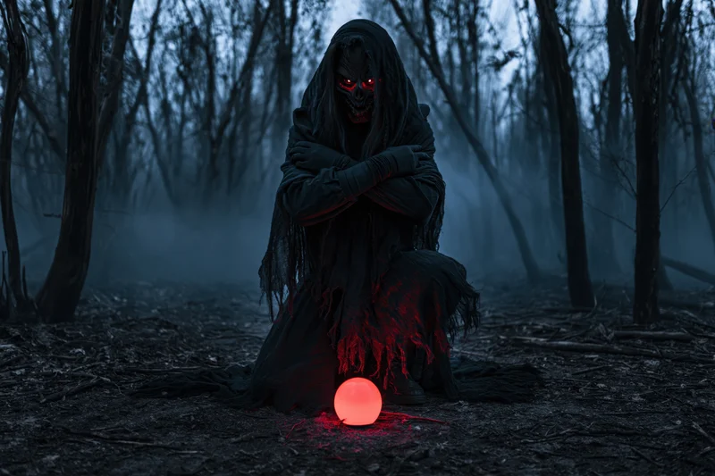 Hooded figure kneeling in misty forest with glowing red orb and skull face