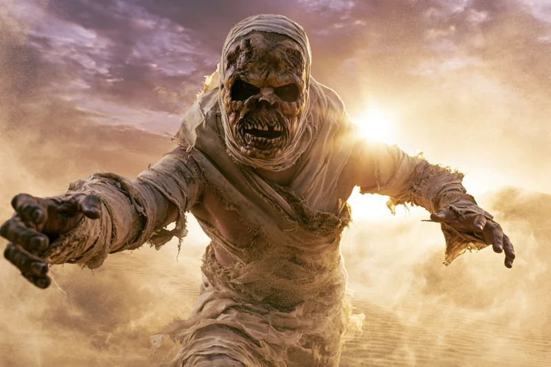 Mummy in tattered bandages lunging forward with arms outstretched in a dusty desert at sunset