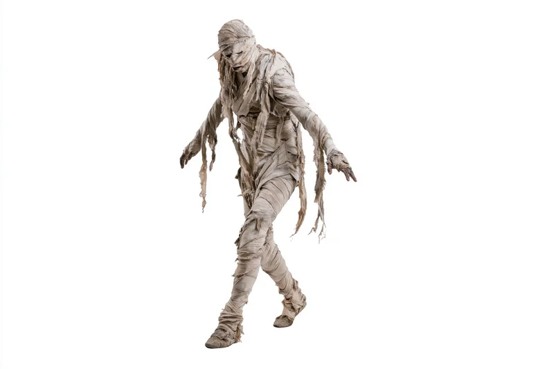 Costumed performer dressed as a mummy lurching forward with arms outstretched against white background
