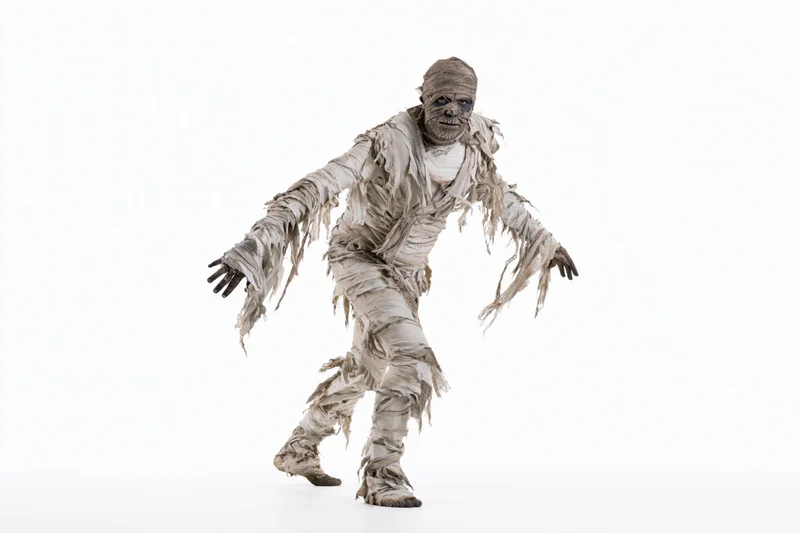 Costumed performer dressed as a mummy lurching forward with arms outstretched against white background