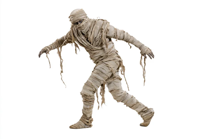 Costumed performer dressed as a mummy lurching forward with arms outstretched against white background