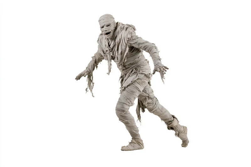 Costumed mummy performer lurching forward with arms outstretched against white background