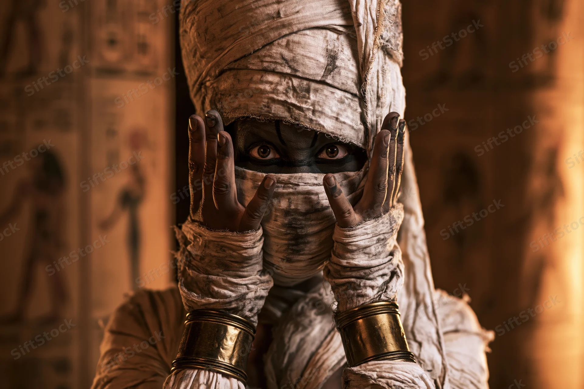 Costumed performer as ancient egyptian mummy with bandages and gold bracelets, hands framing eyes, in tomb setting with hieroglyphs