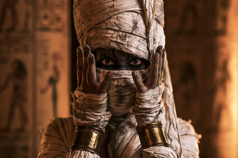 Costumed performer as ancient egyptian mummy with bandages and gold bracelets, hands framing eyes, in tomb setting with hieroglyphs