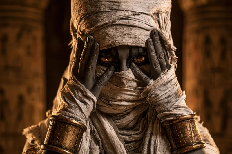 Costumed performer as ancient egyptian mummy with bandages covering face, hands near eyes, in temple setting