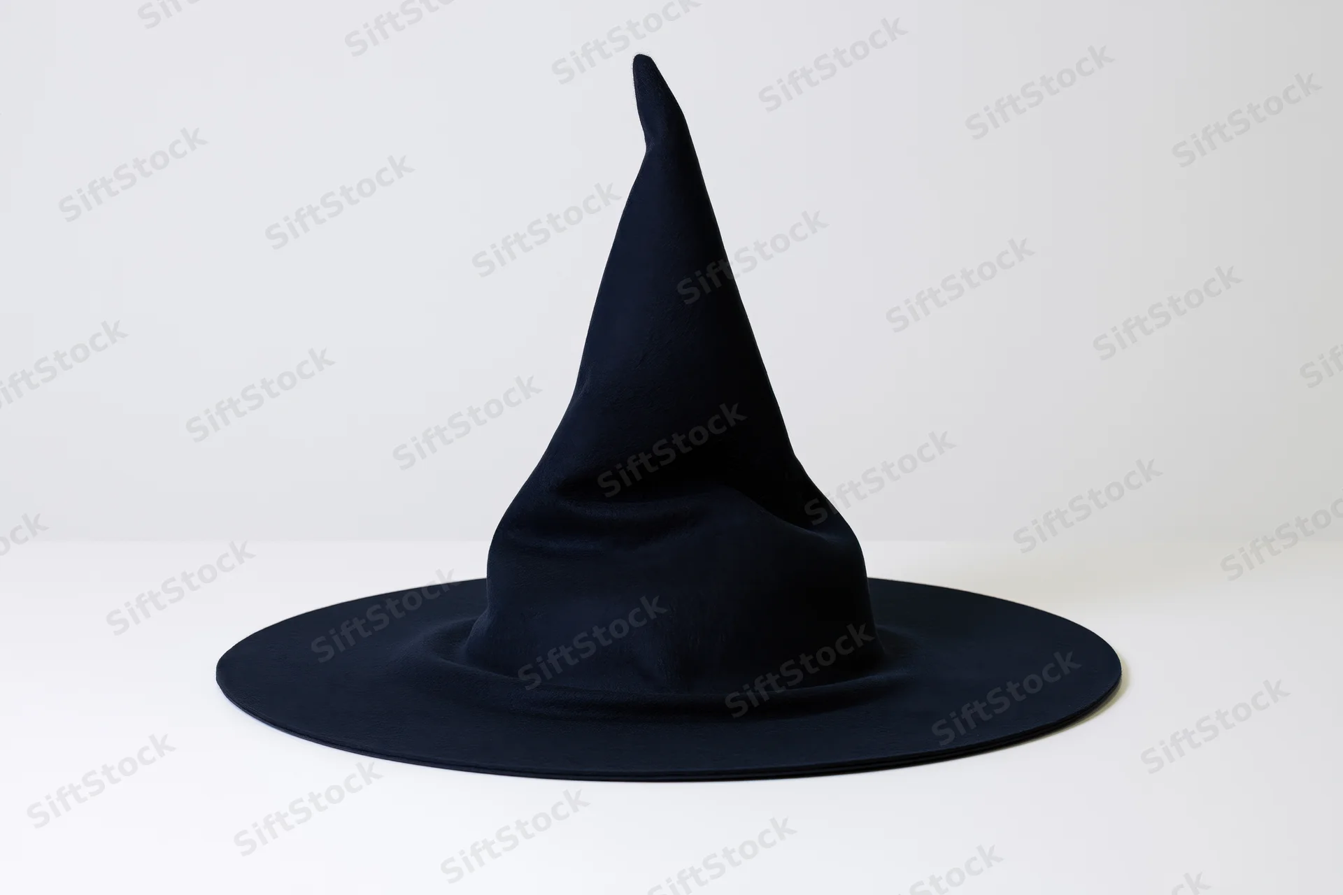 Dark navy witch hat with tall crooked point and wide brim on white surface