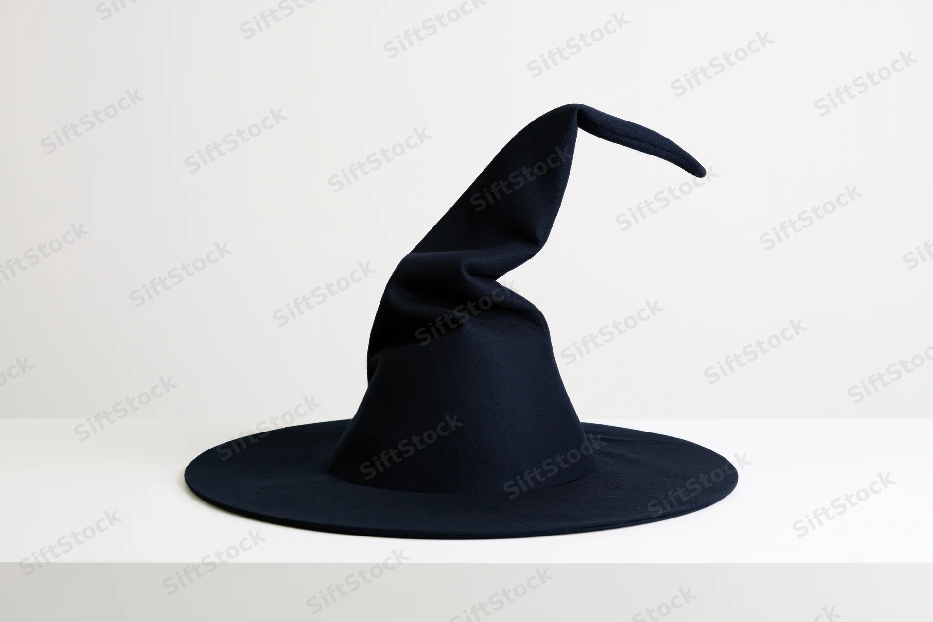 Dark navy witch hat with crooked pointed crown on white surface