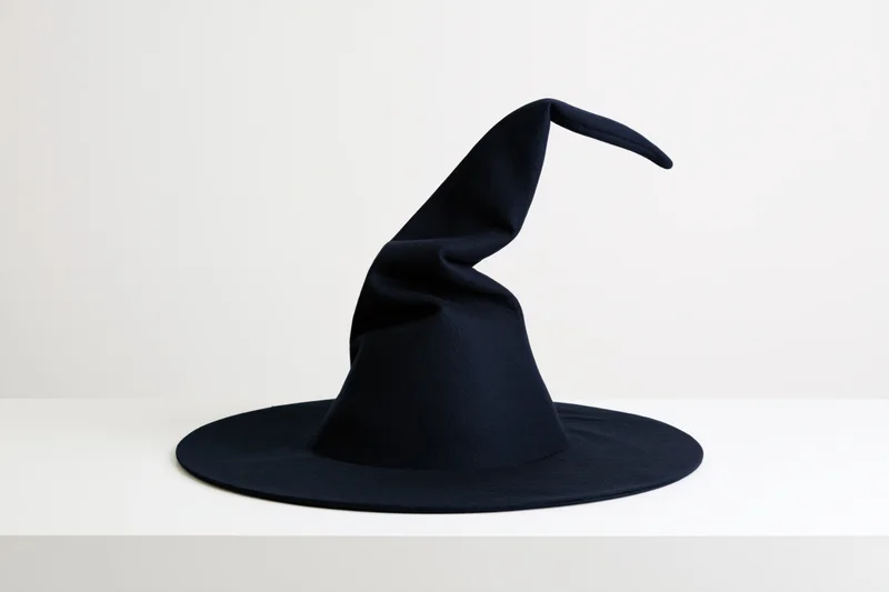 Dark navy witch hat with crooked pointed crown on white surface