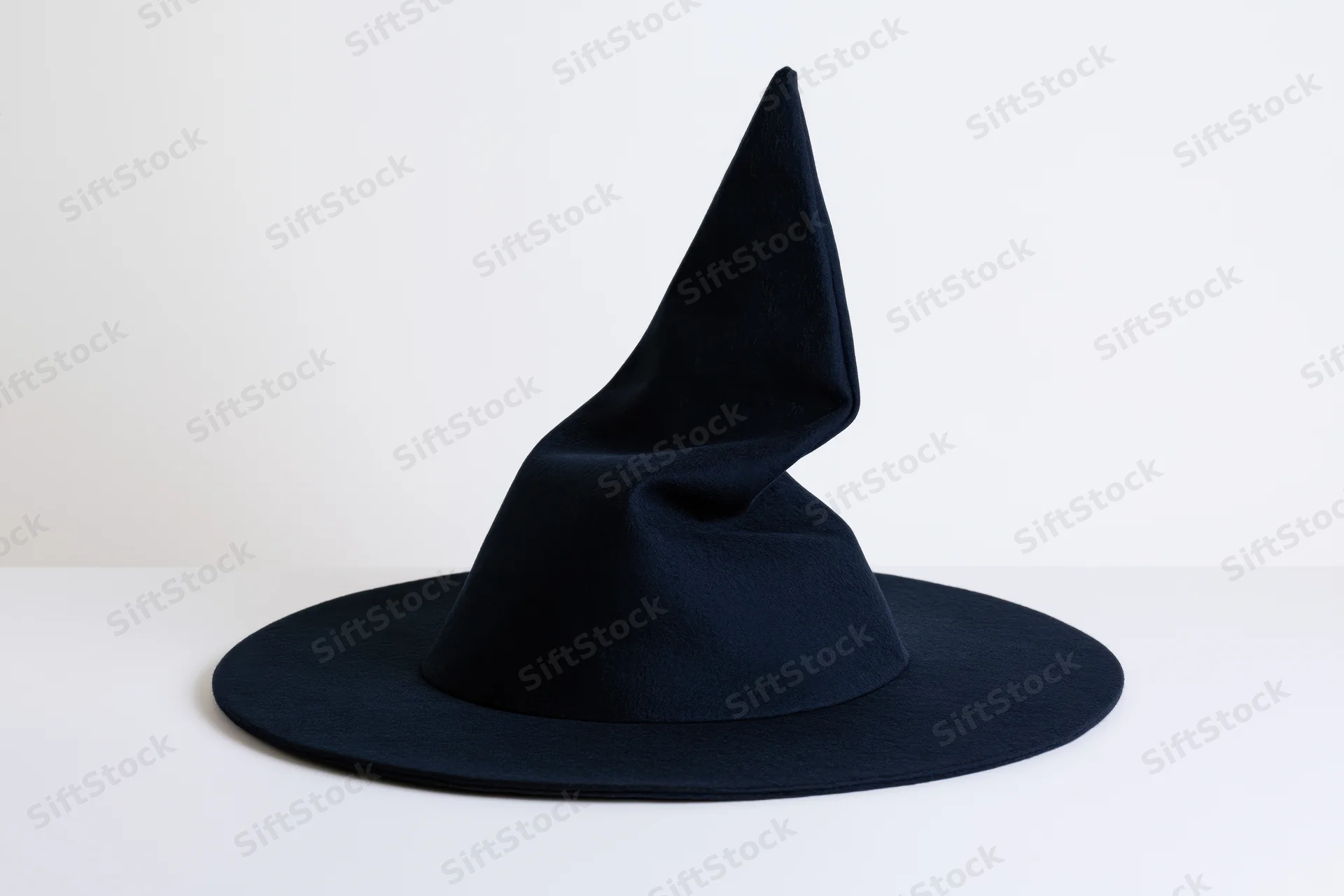 Dark navy witch hat with crooked pointed crown on white surface