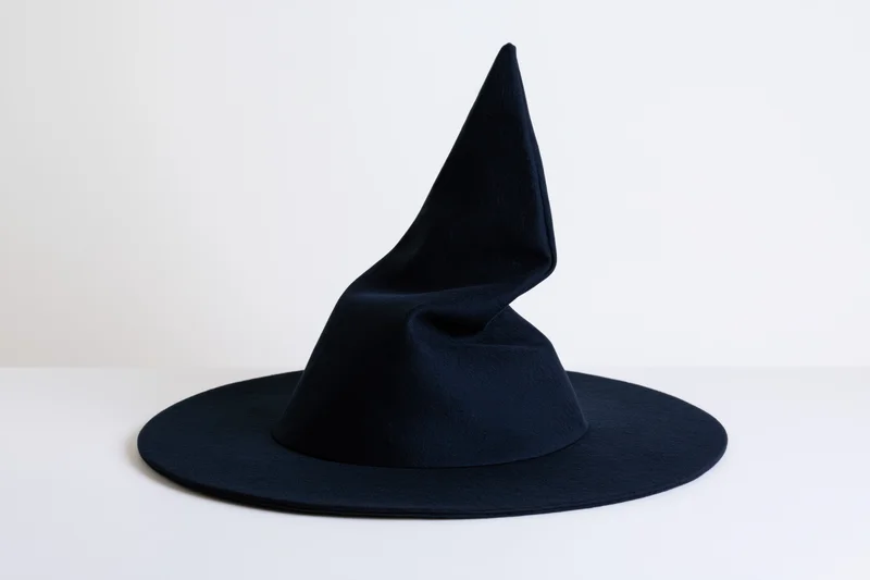 Dark navy witch hat with crooked pointed crown on white surface