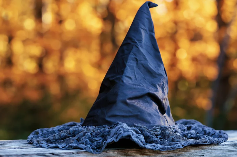Dark navy witch hat with ruffled lace brim resting on wooden surface against golden autumn foliage background