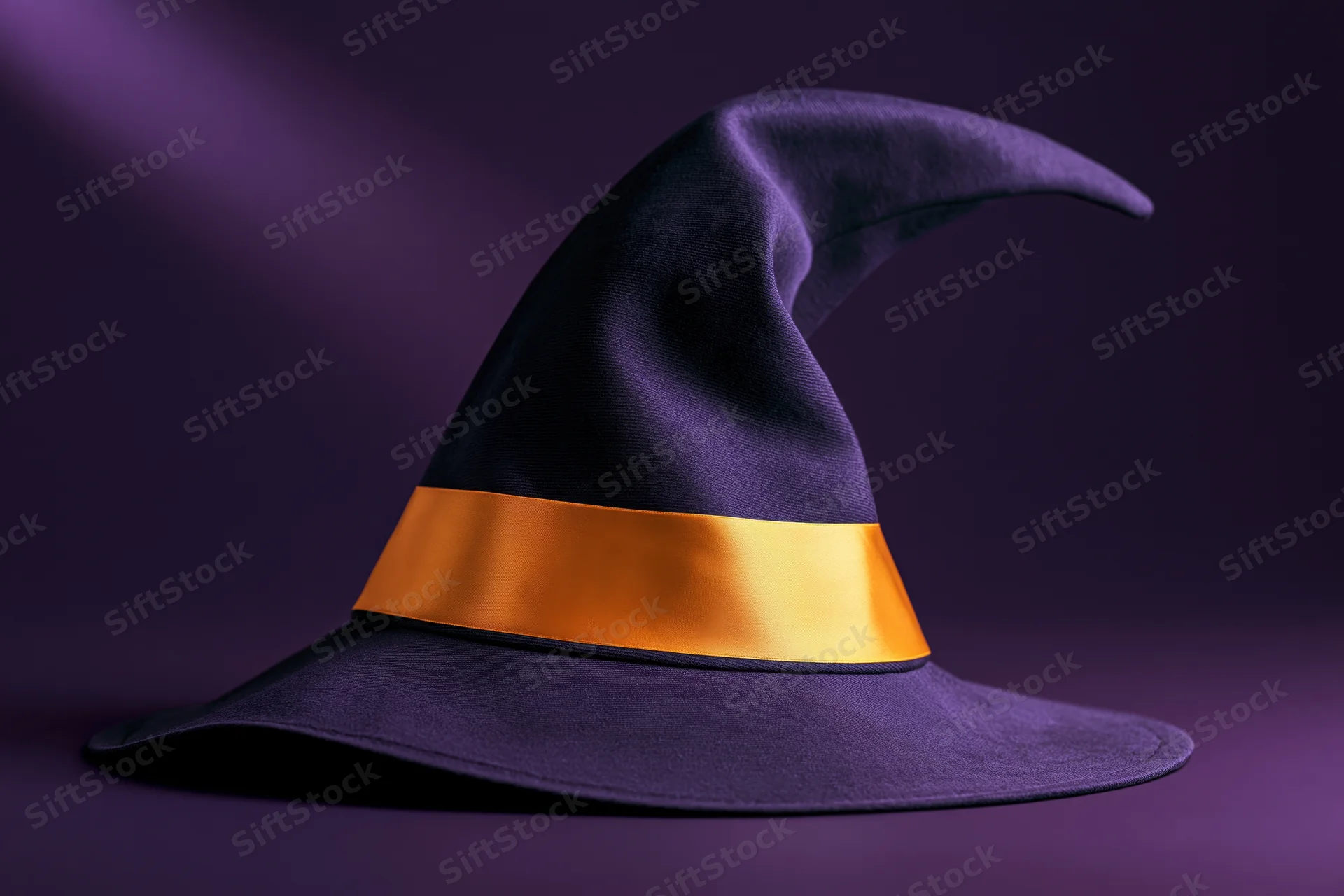 Dark purple witch hat with curved tip and orange ribbon on purple background
