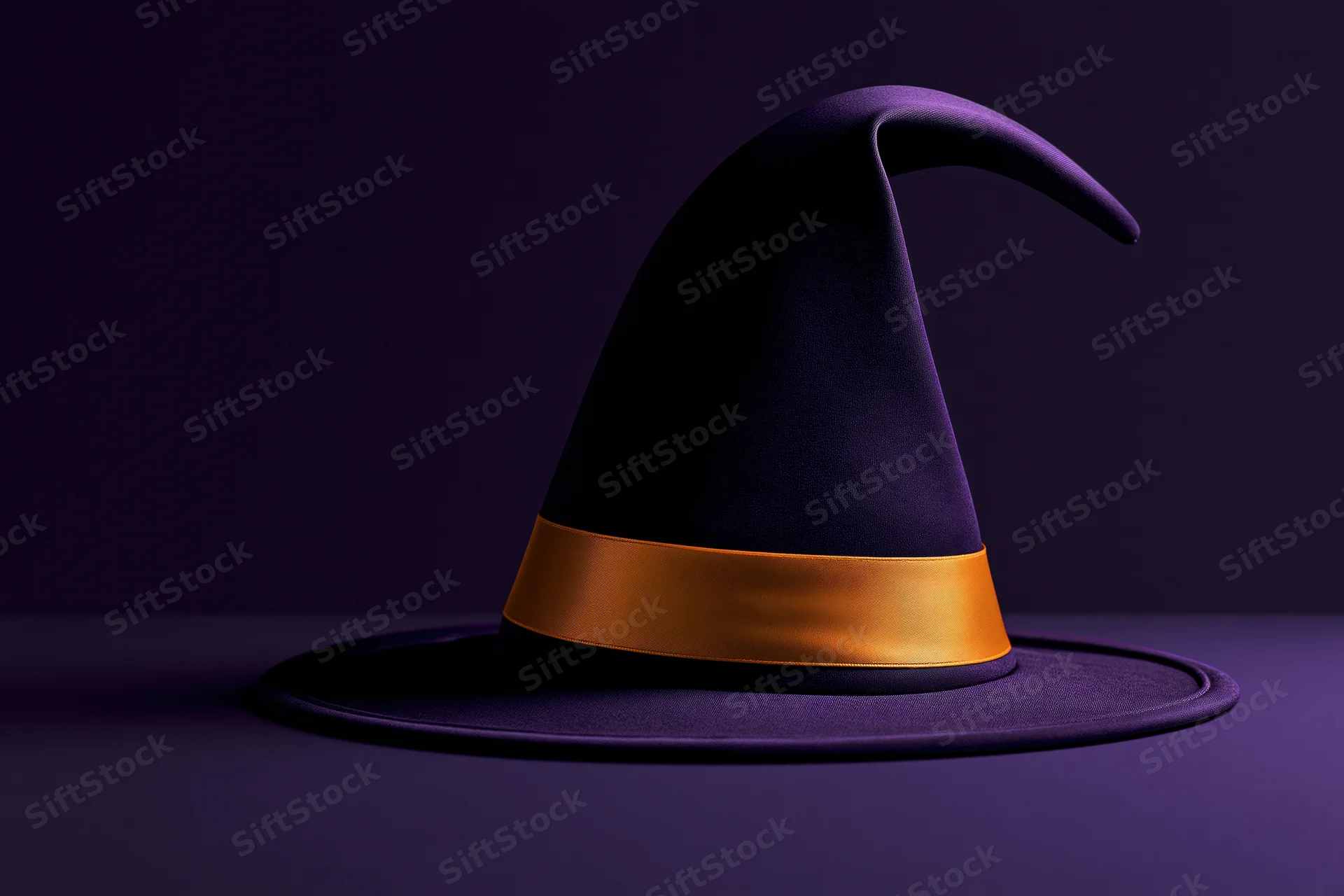 Dark purple witch hat with curved tip and gold ribbon band on a matching purple surface
