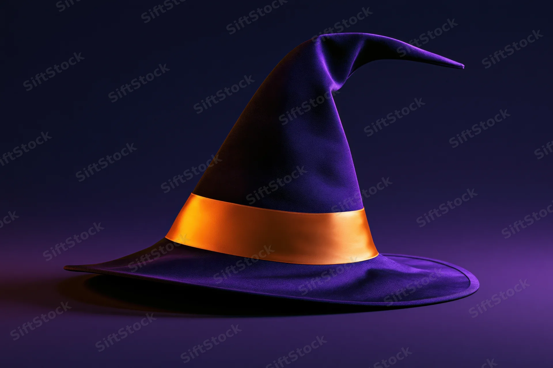 Dark purple witch hat with curved pointed tip and orange ribbon on gradient background