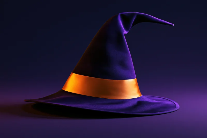 Dark purple witch hat with curved pointed tip and orange ribbon on gradient background
