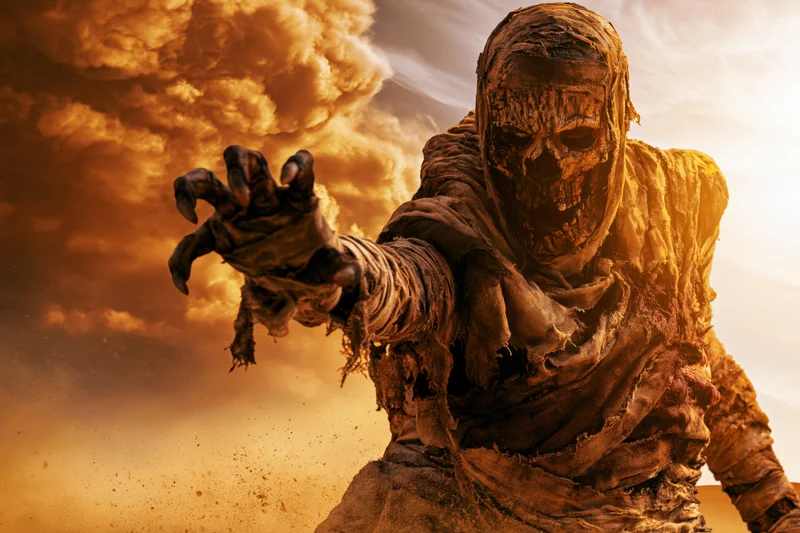 Decayed mummy creature wrapped in torn dirty linen bandages reaching forward in a stormy desert sky