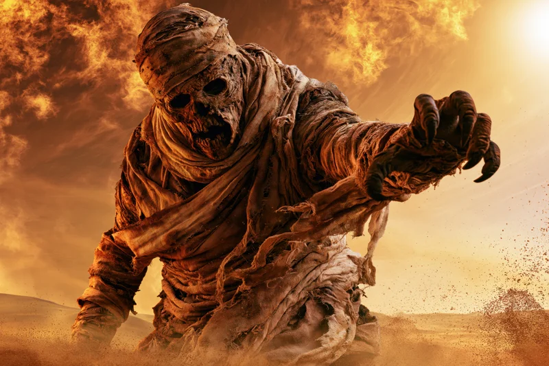Decayed mummy creature wrapped in torn dirty linen bandages emerging from desert sandstorm