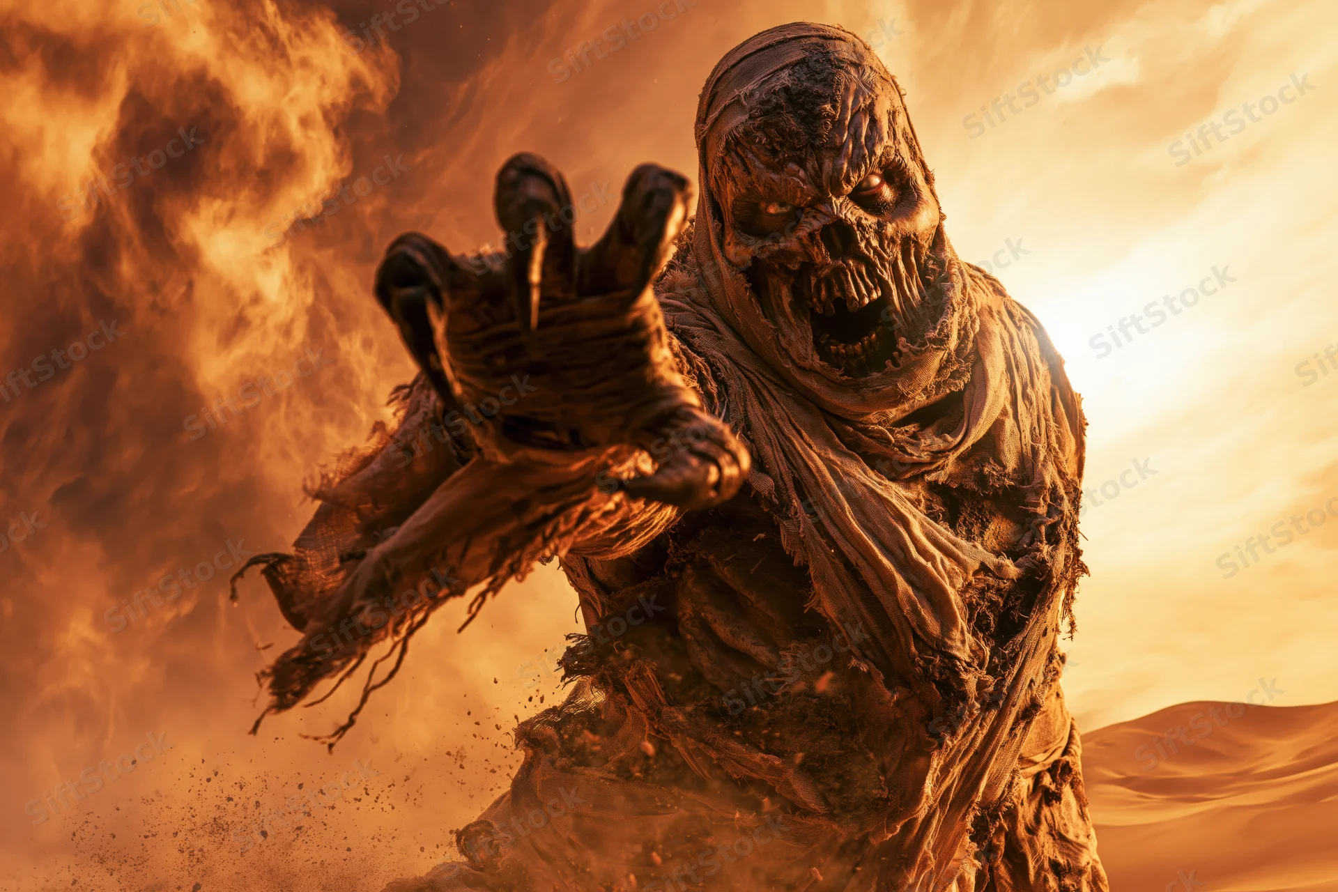 Decayed mummy creature with torn linen bandages emerging from desert storm