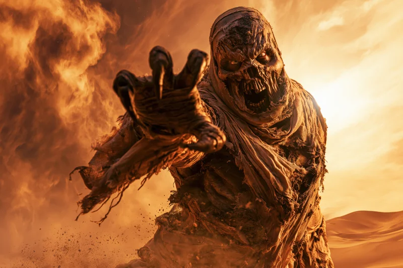Decayed mummy creature with torn linen bandages emerging from desert storm