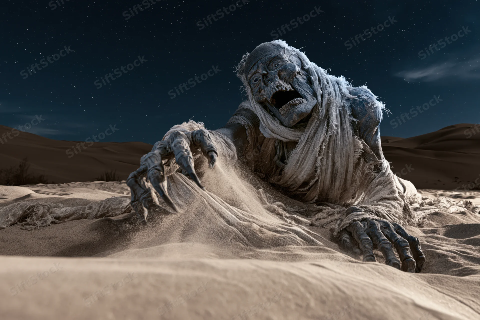 Decayed mummy emerging from sand in desert at night