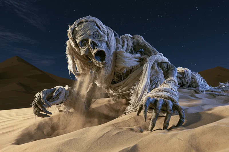 Decayed mummy in tattered linen wrappings crawling from sand in desert at night