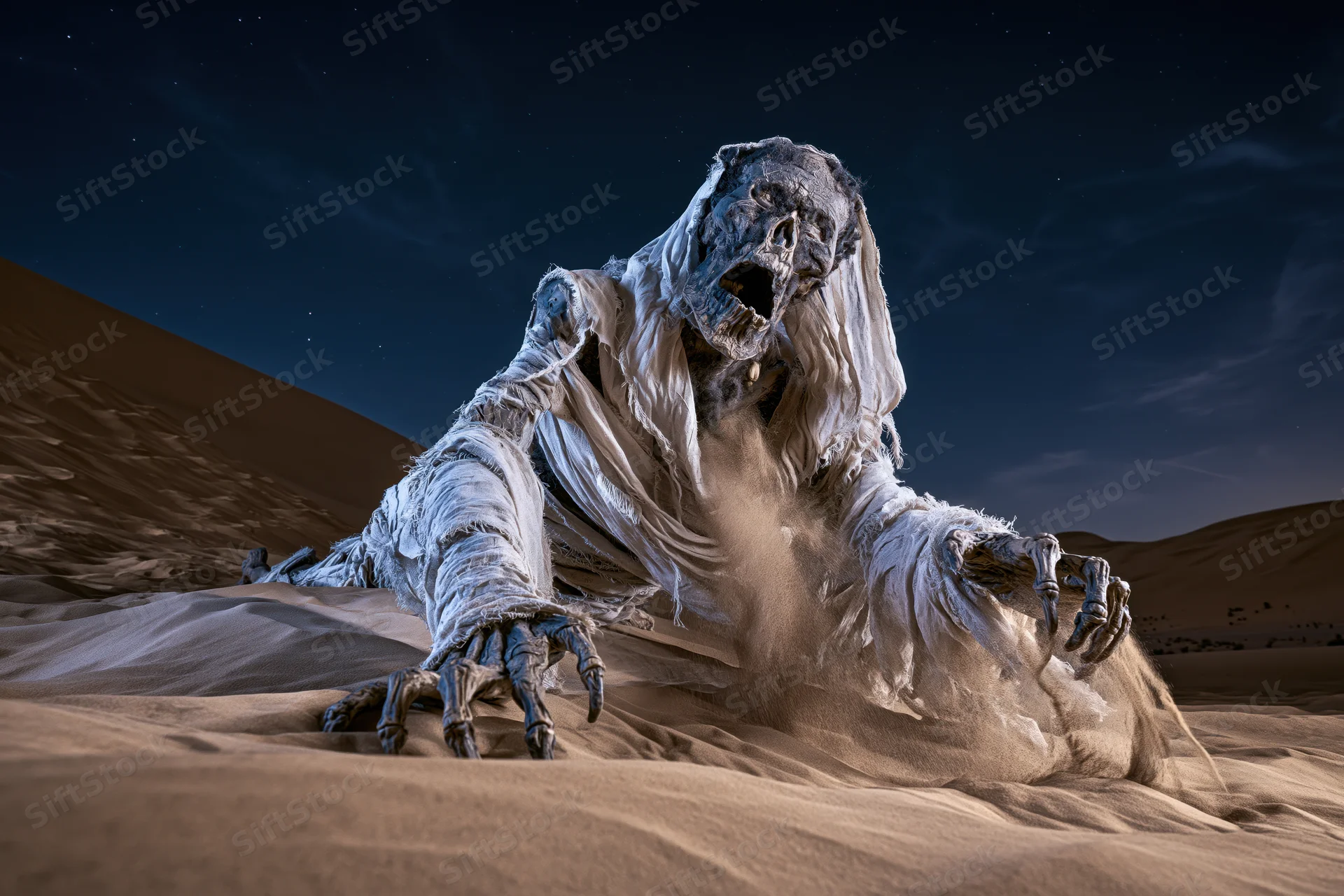 Decayed mummy emerging from sand in desert at night
